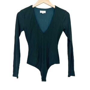 Privacy Please Green Ribbed V Neck Long Sleeve Bodysuit Sz XS